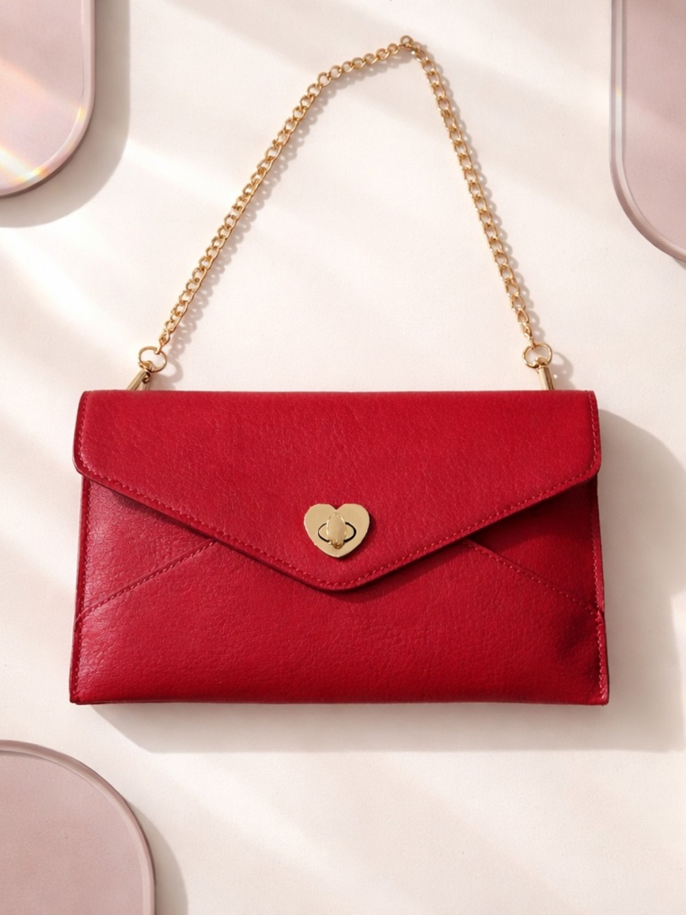 LC Lauren Conrad Red Heart-Lock Envelope Clutch with Gold Chain